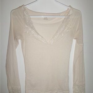 UO Cream Lace Trim Long Sleeve Top